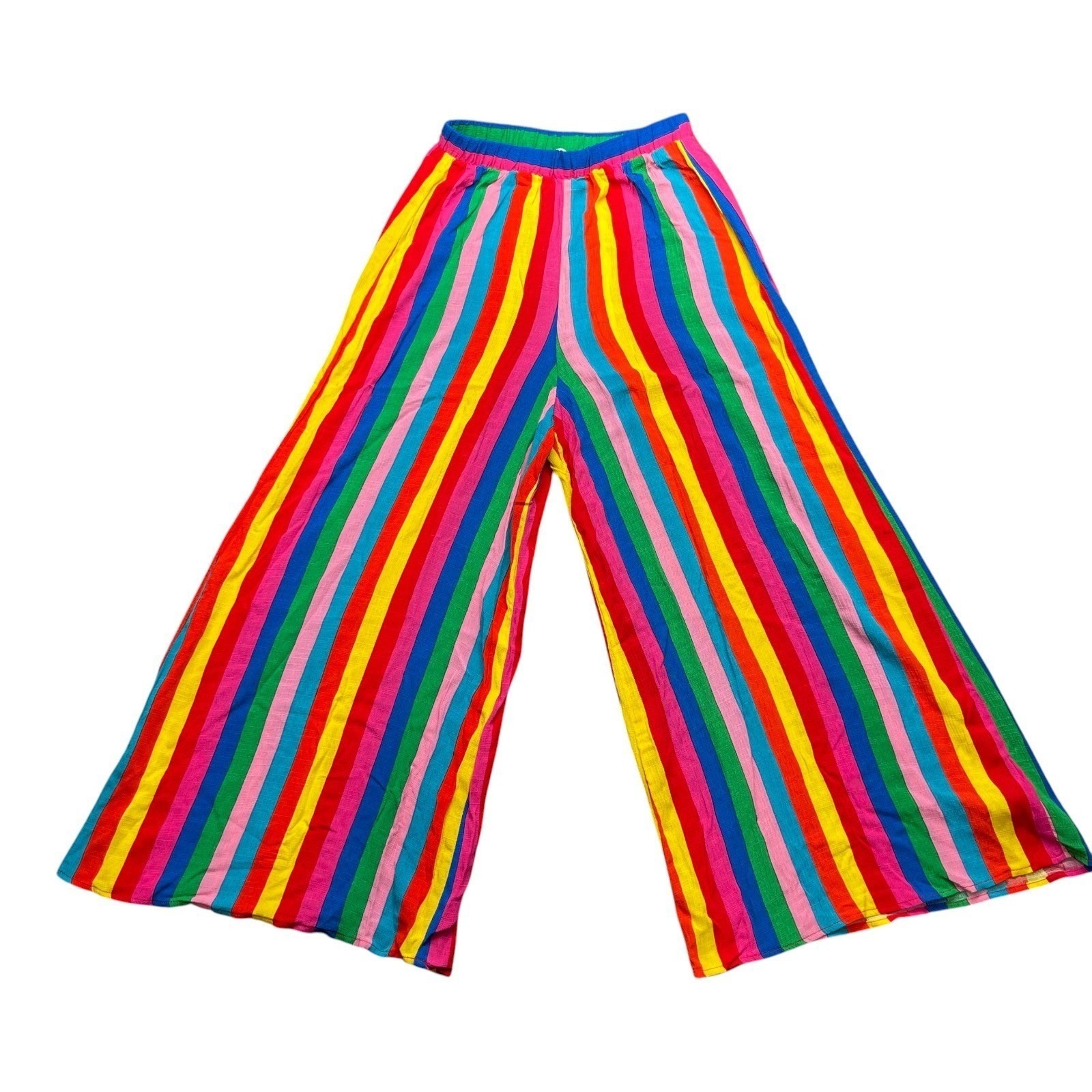 New Show Me Your Mumu Rainbow Stripe Wide Leg Rayon Pants Elastic Waist Xs Nwt